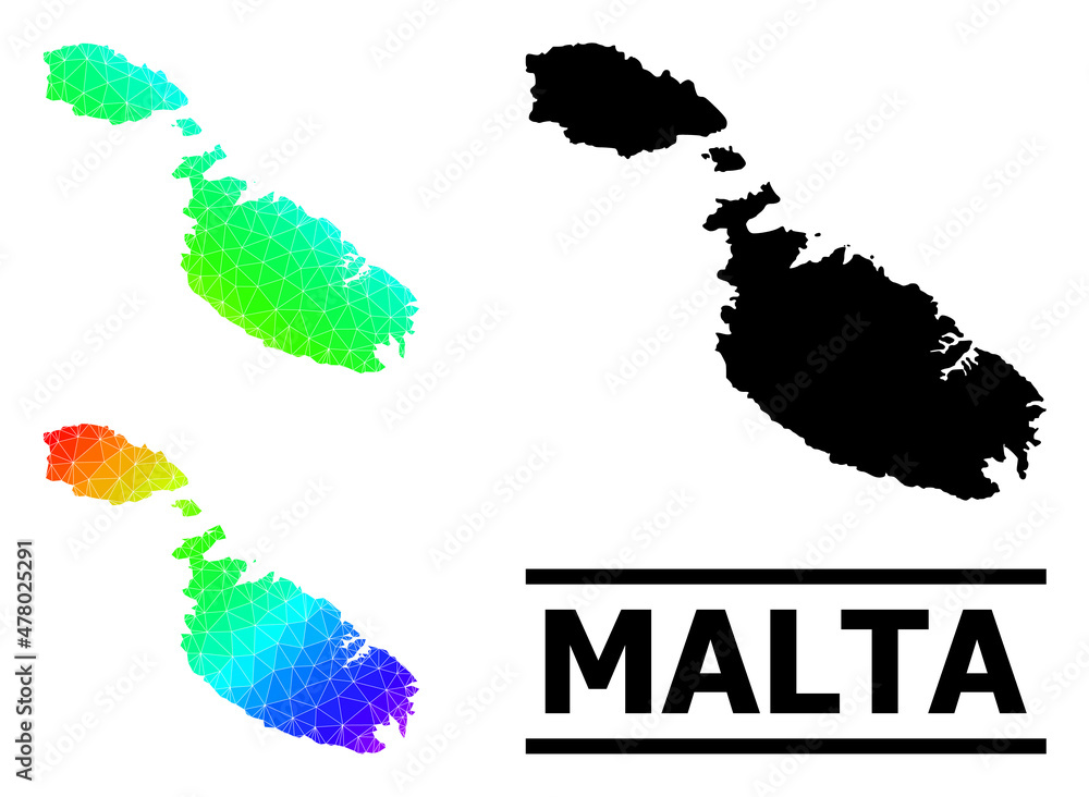 Obraz premium Vector lowpoly spectral colored map of Malta with diagonal gradient. Triangulated map of Malta polygonal illustration.