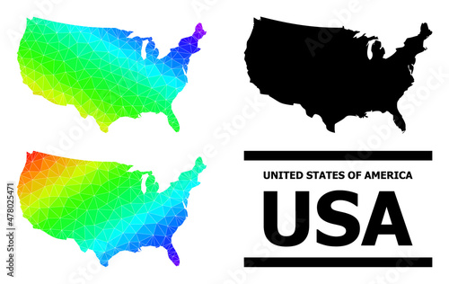 Vector lowpoly rainbow colored map of USA with diagonal gradient. Triangulated map of USA polygonal illustration.