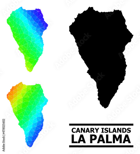 Vector lowpoly spectrum colored map of La Palma Island with diagonal gradient. Triangulated map of La Palma Island polygonal illustration.