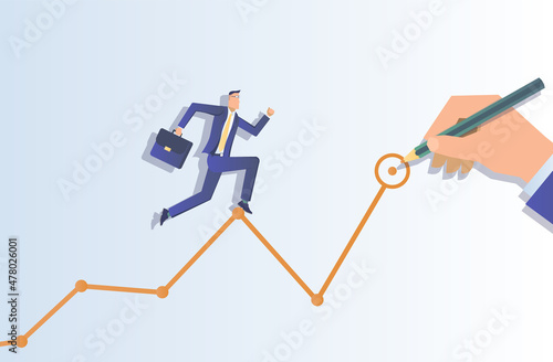 Business target. Businessman runs up the growth chart arrow to his goal.