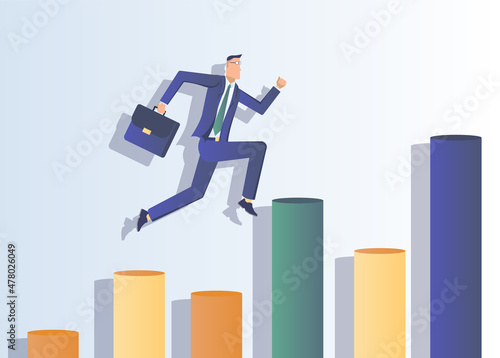 Businessman runs up the business growth chart. Business growth