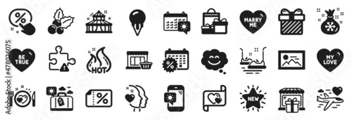 Set of Holidays icons, such as Christmas holly, Ice cream, Marketplace icons. Shopping, My love, Weather phone signs. Discount banner, Surprise, New star. Heart, Hot sale, Gift shop. Photo. Vector