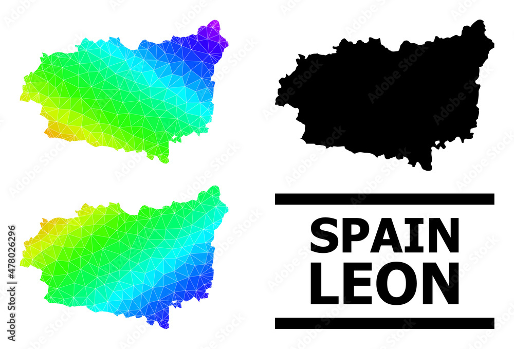 Vector lowpoly spectral colored map of Leon Province with diagonal gradient. Triangulated map of Leon Province polygonal illustration.