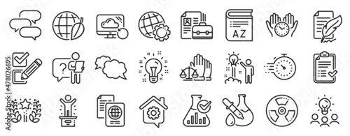 Set of Education icons  such as Feather signature  Business idea  Environment day icons. Passport document  Chemical hazard  Work home signs. Idea  Vocabulary  Globe. Safe time  Checkbox. Vector