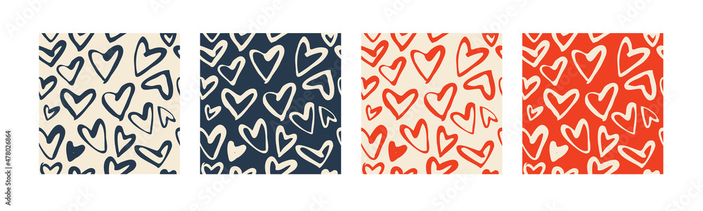 Set with 4 seamless patterns in red and blue colors. Vector backgrounds with hearts. Great for fabric, baby, Valentine's Day, scrapbook, surface textures. Set with 4 seamless patterns in red and blue colors. Vector backgrounds with hearts. Great for fabric, baby, Valentine's Day, scrapbook, surface textures.