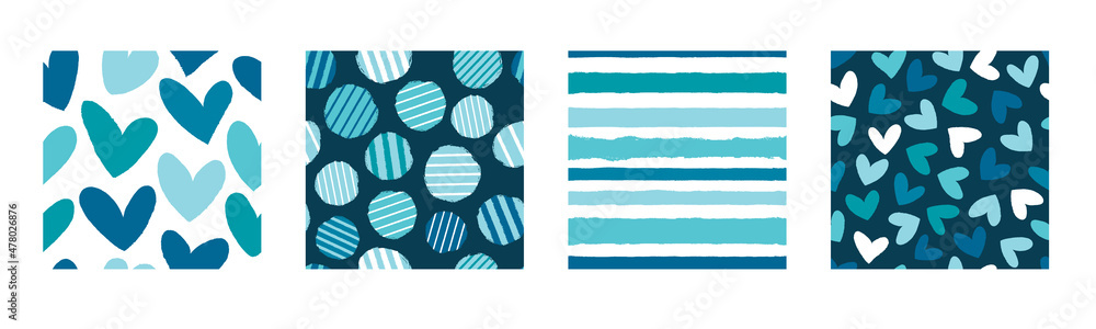 Set of vector patterns in blue tones. 4 backgrounds with hearts, stripes, polka dots.