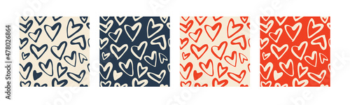 Set with 4 seamless patterns in red and blue colors. Vector backgrounds with hearts. Great for fabric, baby, Valentine's Day, scrapbook, surface textures.