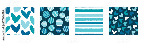 Set of vector patterns in blue tones. 4 backgrounds with hearts, stripes, polka dots.
