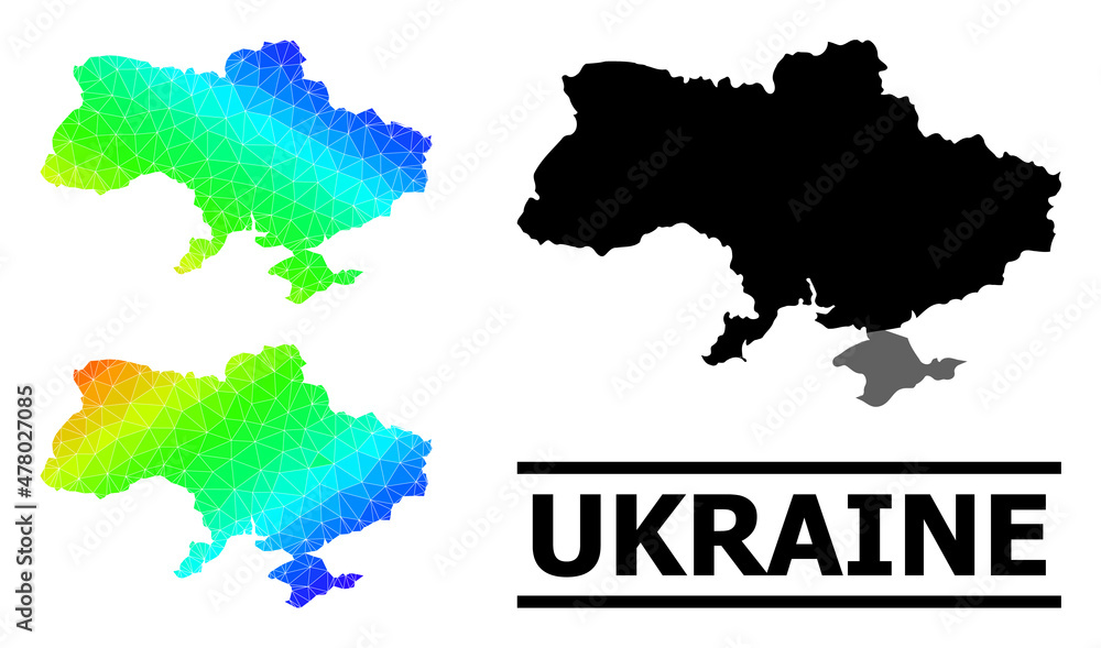Obraz premium Vector low-poly rainbow colored map of Ukraine with diagonal gradient. Triangulated map of Ukraine polygonal illustration.
