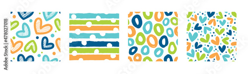 Set with 4 seamless patterns. Vector backgrounds with hearts, stripes and polka dots. Great for fabric, baby, Valentine's Day, Mother's Day, wedding, scrapbook, surface textures.