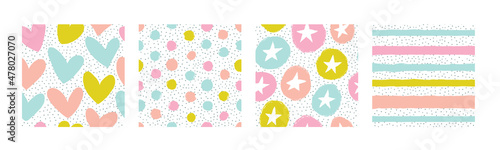 Set of vector patterns in pastel colors. 4 backgrounds with hearts, stripes, polka dots and stars.