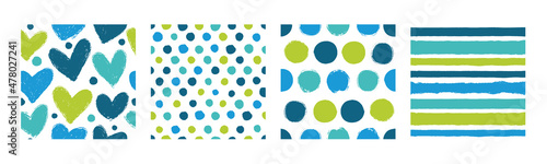 Set with 4 seamless patterns. Vector backgrounds with hearts, stripes and polka dots. Great for fabric, baby, Valentine's Day, scrapbook, surface textures.