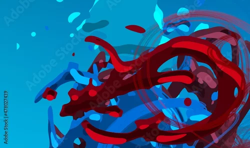 Obraz Cartoon water liquid particles droplets. Abatract painting. 2d illustration. Frozen motion small particle molecules.