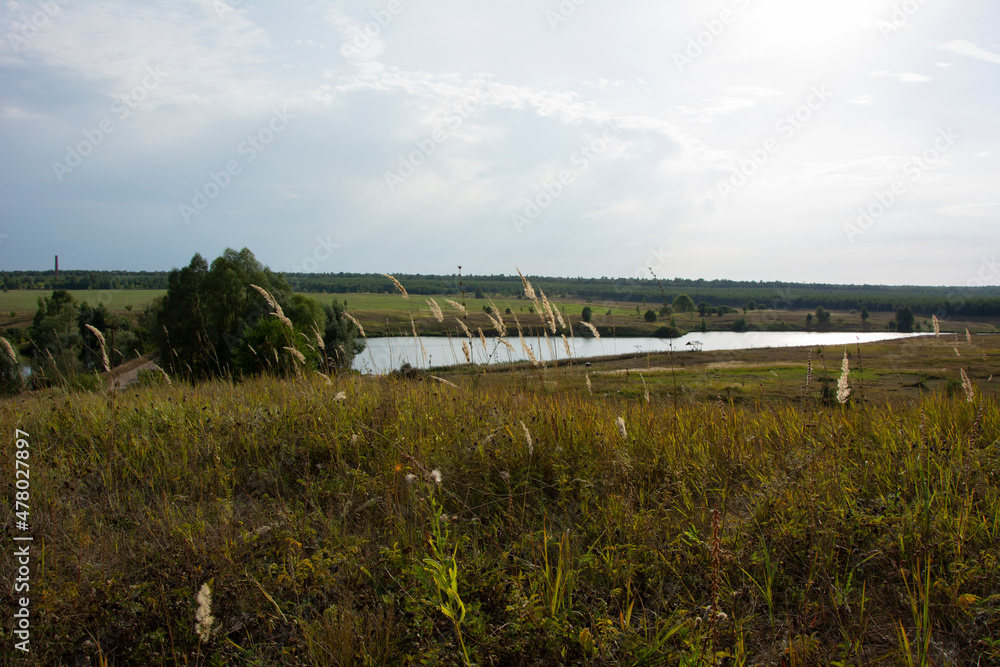 Wide open spaces, fields of the Ulyanovsk region with trees and a lake on a summer evening. Russia