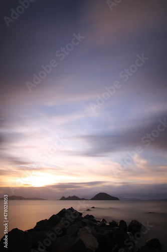 sunset on the beach. Seaside town of Turgutreis and spectacular sunsets. Long Exposure. 