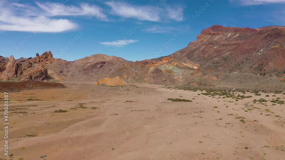 Aerial view of the Teide National Park, flight over a desert rocky surface, view on the Teide volcano. Tenerife, Canary Islands Aerial view of the Teide National Park, flight over a desert rocky surface, view on the Teide volcano. Tenerife, Canary Islands