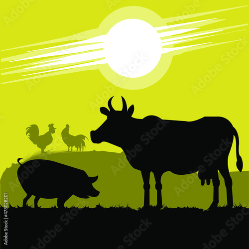 Farm-Nutztiere Silhouetten einzeln auf dem Feld, Sonnenuntergang. Symbole für Kuh, Schwein und Hühner