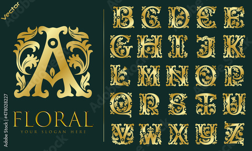 Set of initial letter Floral ornament monogram logo. decorative Floral initial alphabet set. Floral silver initial alphabet logo template.