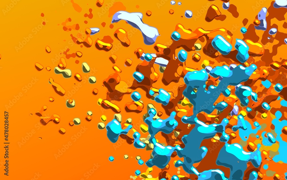 Cartoon water liquid particles droplets. Abatract painting. 2d illustration. Frozen motion small particle molecules. - obrazy, fototapety, plakaty 