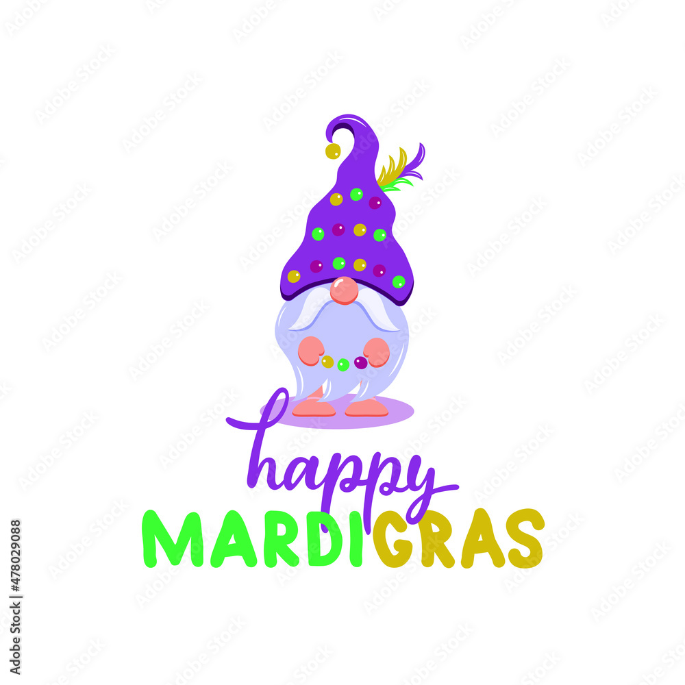 Happy Mardi Gras vector illustration with gnome and handwritten text. Cute elf drawing in flat style. Cartoon character. Design for holidays decoration, greeting cards, gift tags, t-shirt print Happy Mardi Gras vector illustration with gnome and handwritten text. Cute elf drawing in flat style. Cartoon character. Design for holidays decoration, greeting cards, gift tags, t-shirt print