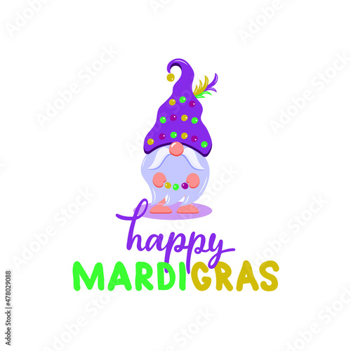 Happy Mardi Gras vector illustration with gnome and handwritten text. Cute elf drawing in flat style. Cartoon character. Design for holidays decoration  greeting cards  gift tags  t-shirt print