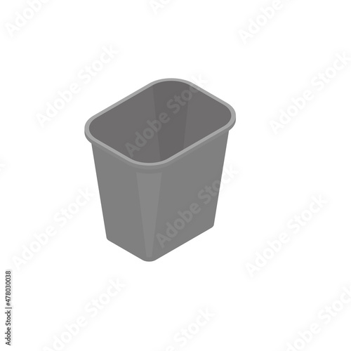 Grey plastic empty trash can full of crumpled paper isometric vector icon