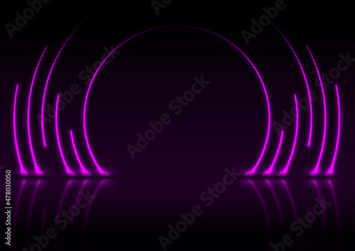 Violet neon laser circles with reflection. Abstract technology background. Futuristic glowing vector design