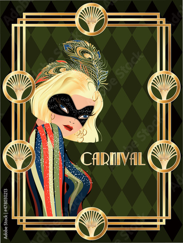 Girl in carnival mask, art deco style card, vector illustration