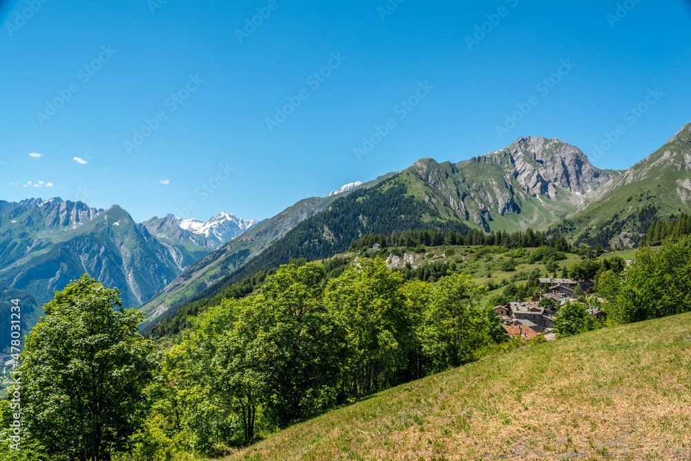 mountain panorama with snowy Monte Bianco on background