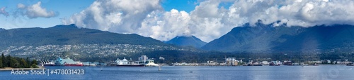 Photos Panoramic view of Western Vancouver with seaplanes, barges and a large city, BC,