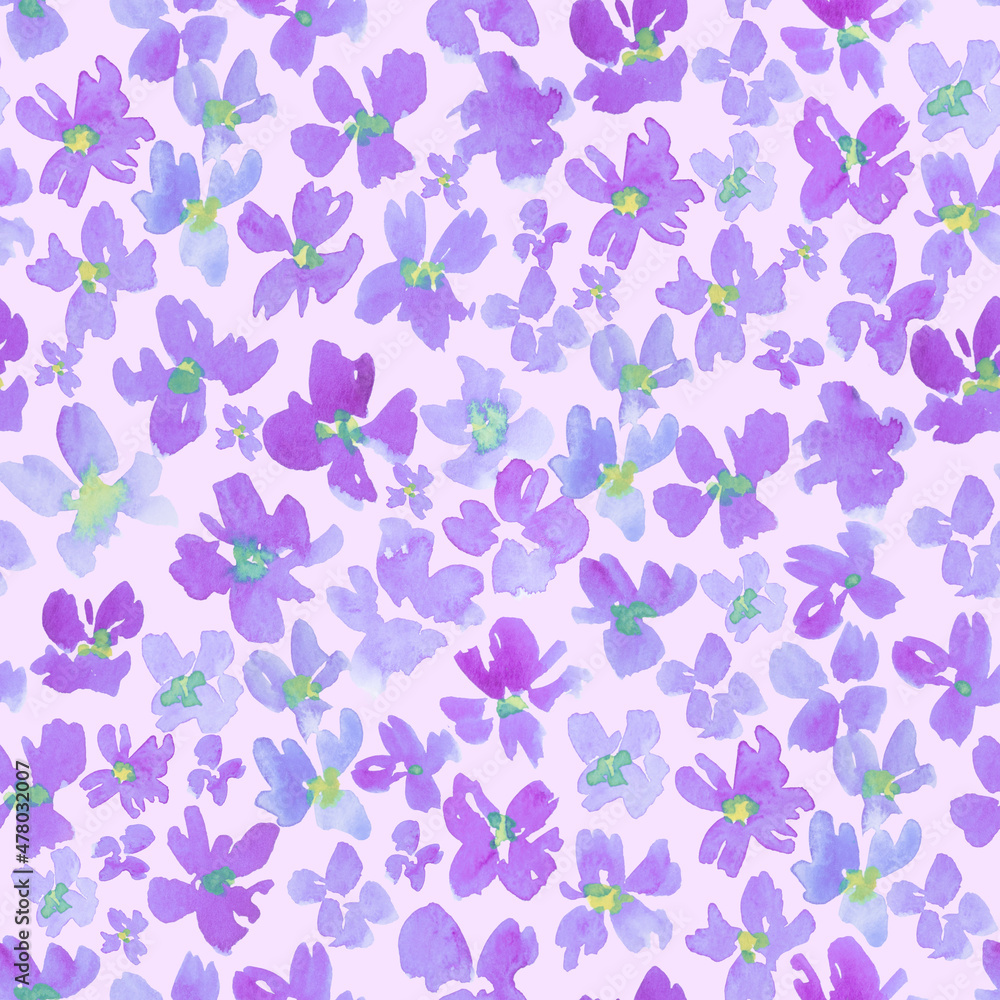 Fototapeta premium Periwinkle and purple watercolor flower repeating seamless pattern
