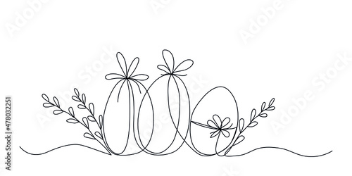 Easter holiday eggs with plant branches drawn by one line. Happy Easter concept. Greeting banner design. Modern art. Vector illustration in minimal style.