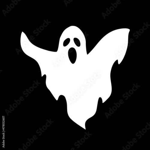 Scary, dreadful, frightening and scary spook and ghost in white sheets is screaming and flying. Horror and creepy creature and monster. Vector illustration isolated on black.