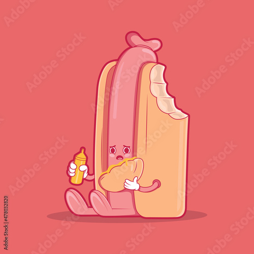 Sad Hot Dog gluing himself vector illustration. Food, funny design concept.
