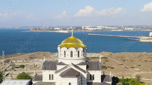 Dolly zoom. Sevastopol, Crimea. Vladimirsky Cathedral in Chersonesos. Chersonesus Tauric - founded by the ancient Greeks on the Heracles peninsula on the Crimean coast, Aerial View photo