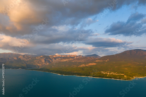 Sunset clouds over Lac de Sainte-Croix in Europe, France, Provence Alpes Cote dAzur, Var, in summer.