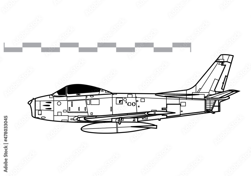 North American F-86A Sabre. Vector drawing of early jet fighter aircraft. Side view. Image for illustration and infographics. North American F-86A Sabre. Vector drawing of early jet fighter aircraft. Side view. Image for illustration and infographics.