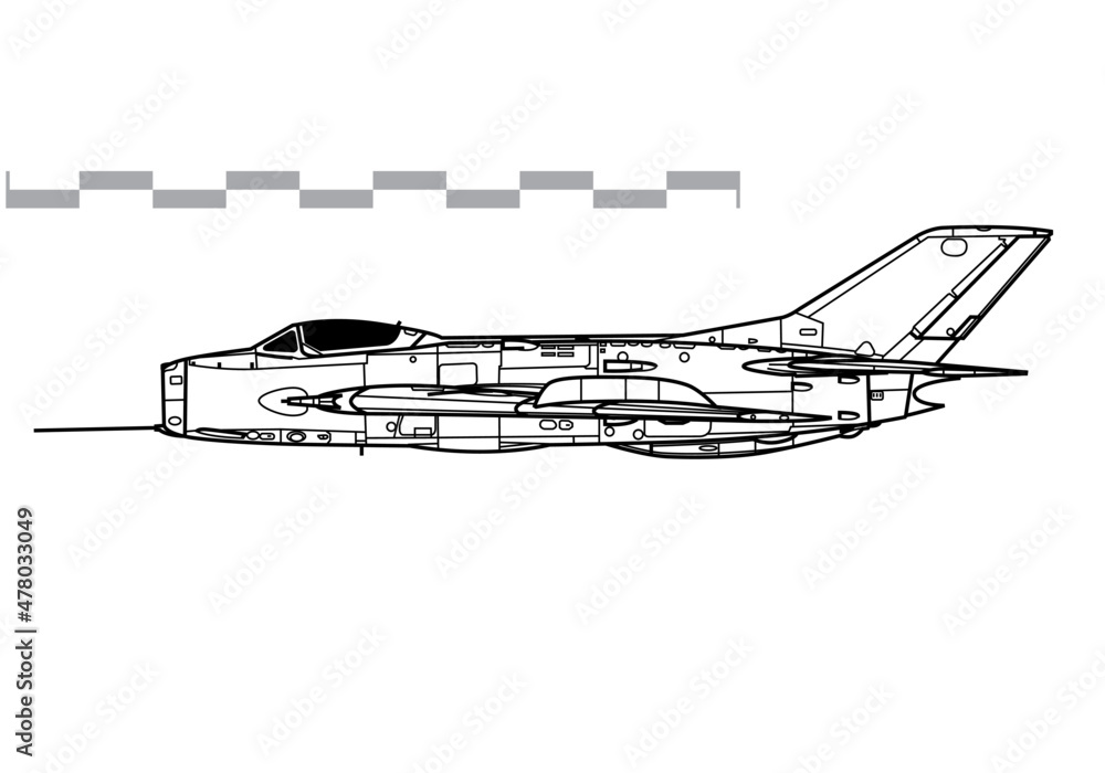 Mikoyan-Gurevich MiG-19 Farmer-A. Shenyang J-6. Vector drawing of early jet fighter aircraft. Side view. Image for illustration and infographics. Mikoyan-Gurevich MiG-19 Farmer-A. Shenyang J-6. Vector drawing of early jet fighter aircraft. Side view. Image for illustration and infographics.
