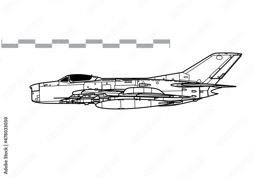 Mikoyan-Gurevich MiG-19PM Farmer-E. Vector drawing of early jet interceptor aircraft. Side view. Image for illustration and infographics. Mikoyan-Gurevich MiG-19PM Farmer-E. Vector drawing of early jet interceptor aircraft. Side view. Image for illustration and infographics.
