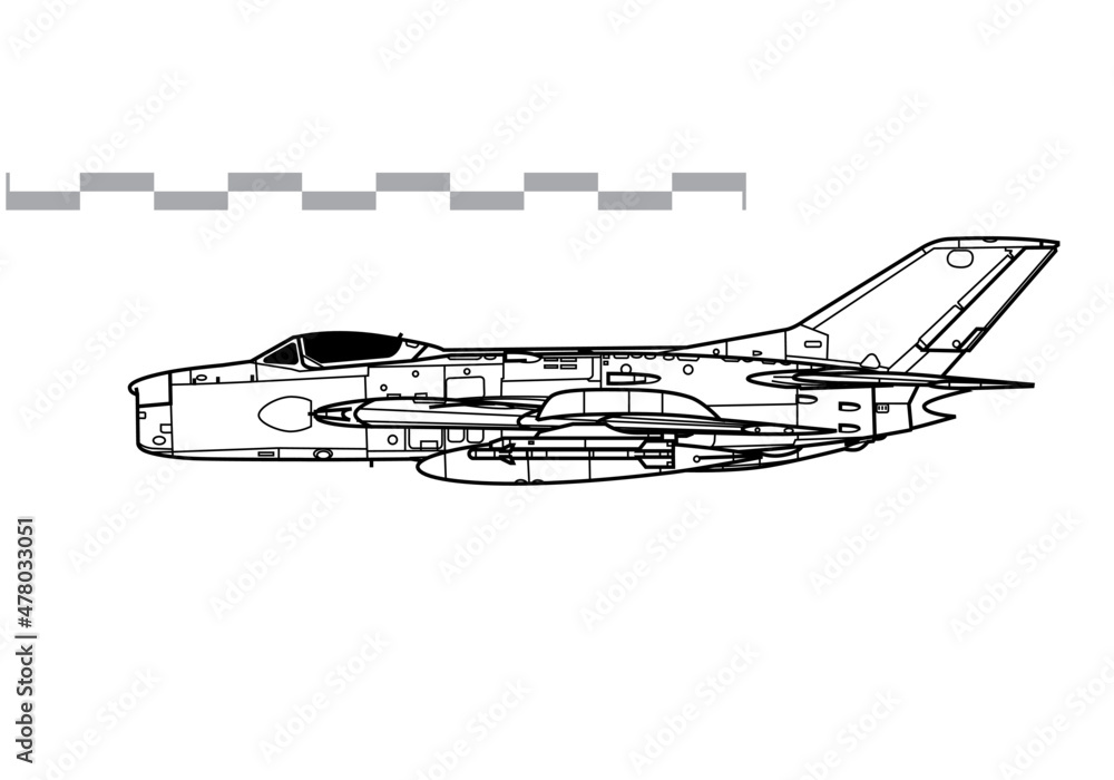 Mikoyan-Gurevich MiG-19PT Farmer-E. Vector drawing of early jet fighter aircraft. Side view. Image for illustration and infographics. Mikoyan-Gurevich MiG-19PT Farmer-E. Vector drawing of early jet fighter aircraft. Side view. Image for illustration and infographics.