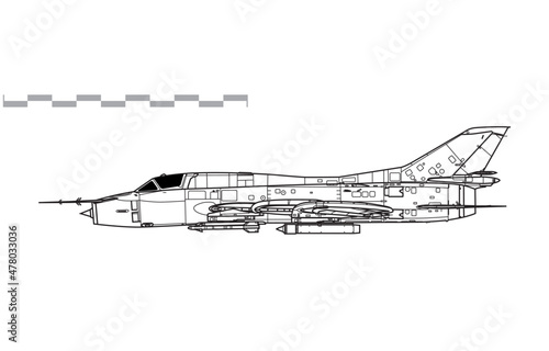 Sukhoi Su-22M Fitter-F. Vector drawing of fighter-bomber aircraft. Side view. Image for illustration and infographics.