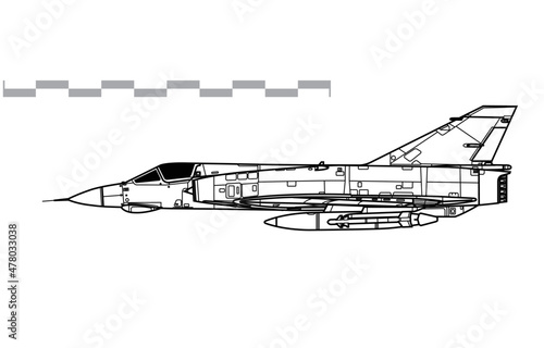 Dassault Mirage IIIE. Vector drawing of multirole tactical fighter. Side view. Image for illustration and infographics.