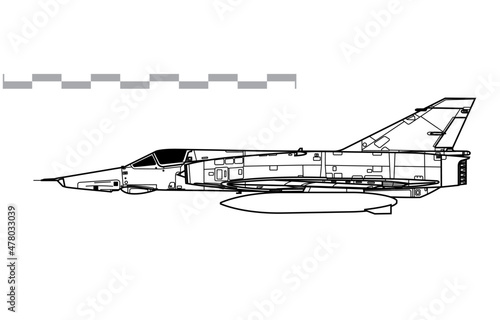 Dassault Mirage IIIR. Vector drawing of tactical reconnaissance aircraft. Side view. Image for illustration and infographics.