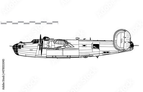 Consolidated B-24D/E Liberator. Liberator B.Mk.III. Vector drawing of WW2 heavy bomber. Side view. Image for illustration and infographics. photo