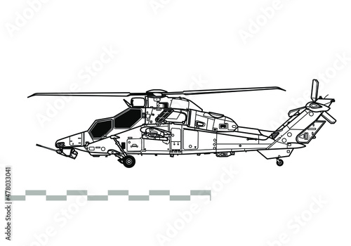 Eurocopter EC665 Tiger PAH-2 HAP/HAD/ARH. Vector drawing of attack helicopter. Side view. Image for illustration and infographics.