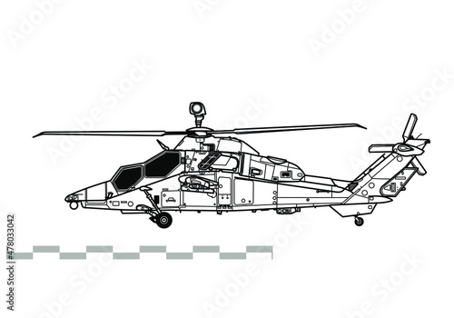 Eurocopter EC665 Tiger PAH-2 UHT. Vector drawing of attack helicopter. Side view. Image for illustration and infographics. photo
