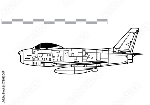 North American F-86H Sabre. Vector drawing of early jet fighter-bomber aircraft. Side view. Image for illustration and infographics. photo
