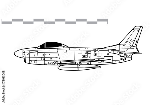 North American F-86D Sabre. Vector drawing of early jet interceptor aircraft. Side view. Image for illustration and infographics.