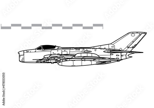 Mikoyan-Gurevich MiG-19PM Farmer-E. Vector drawing of early jet interceptor aircraft. Side view. Image for illustration and infographics.