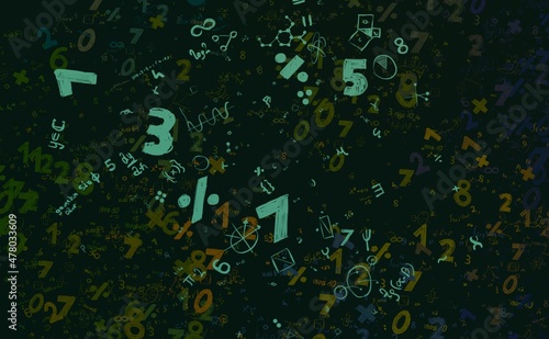Numbers hand drawing with math symbols on colorful background.